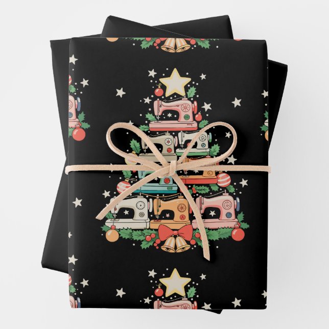 Sewing Machine Christmas Tree Stitch Knit Sew Xmas Wrapping Paper Sheets (In situ)