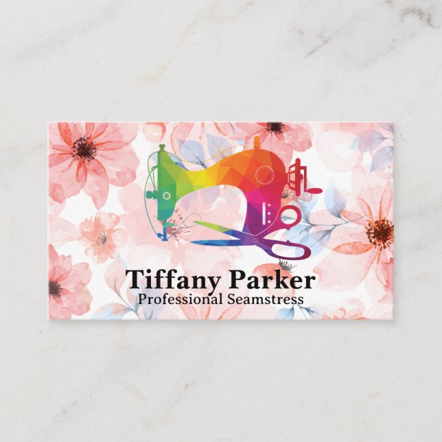 Sewing Machine Colorful Logo | Flowers Business Card (Front)