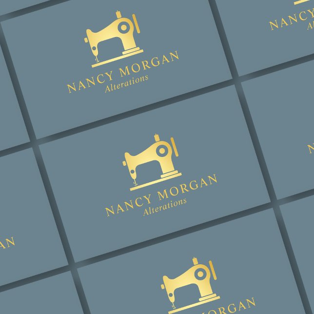 Sewing Machine Dusty Blue And Gold Business Card (Creator Uploaded)