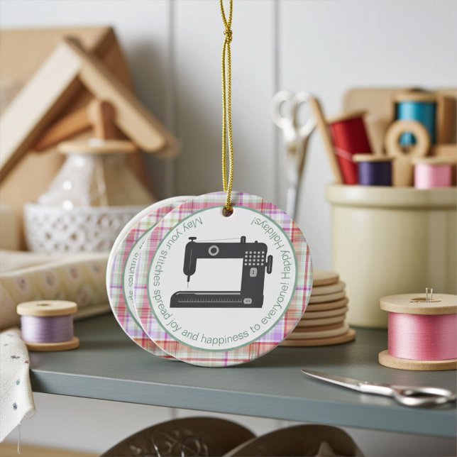 Sewing Machine for Quilters and Seamsters, Plaid Ceramic Ornament (Creator Uploaded)