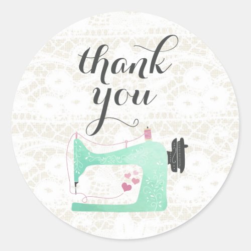 Sewing Machine on Shabby Chic Burlap Thank You Classic Round Sticker