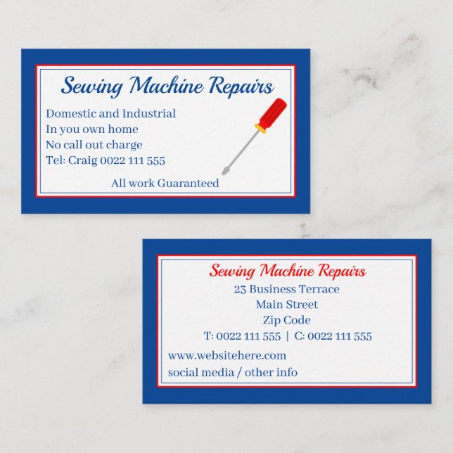 Sewing Machine Repairs Blue Business Card (Front/Back)
