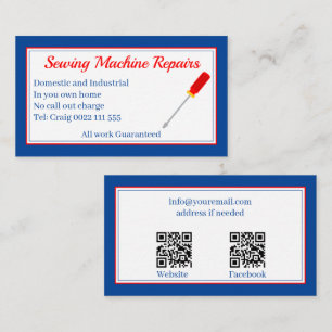 Sewing Machine Repairs QR Code Blue Business Card