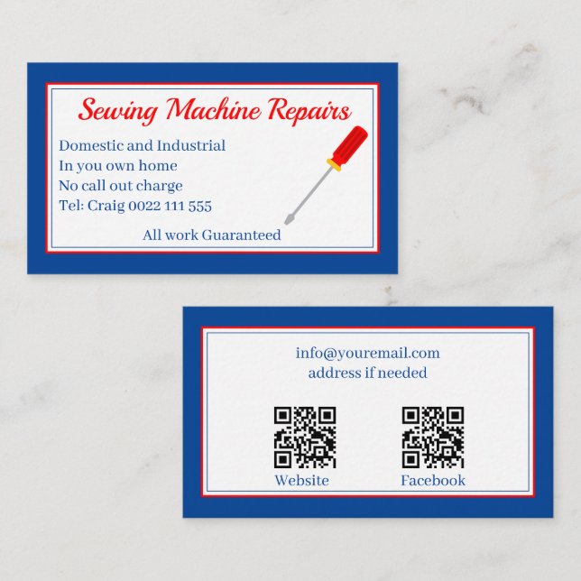 Sewing Machine Repairs QR Code Blue  Business Card (Front/Back)
