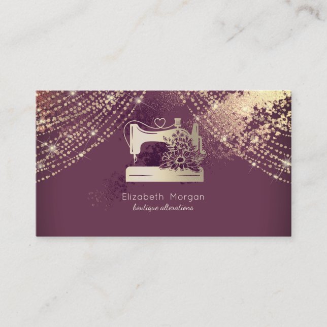 Sewing Machine Seamstress  Lights Burgundy Business Card (Front)