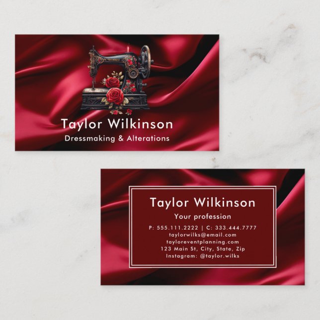 Sewing Machine Seamstress Red Business Card (Front/Back)