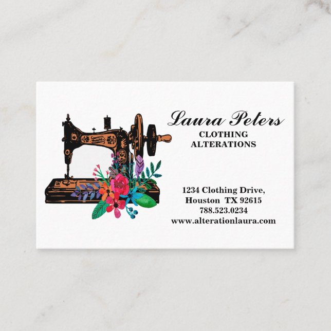 Sewing Machine With Flowers Clothing Alteration Business Card (Front)
