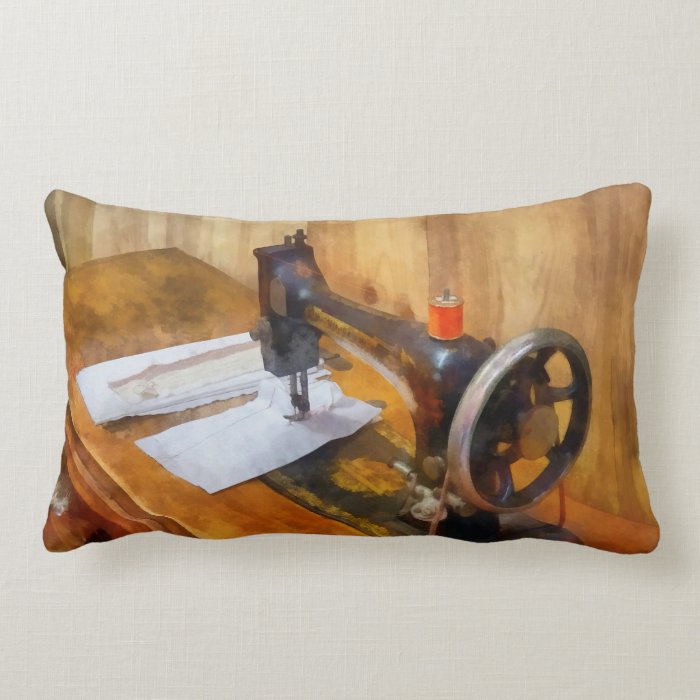 Sewing Machine With Orange Thread Throw Pillows