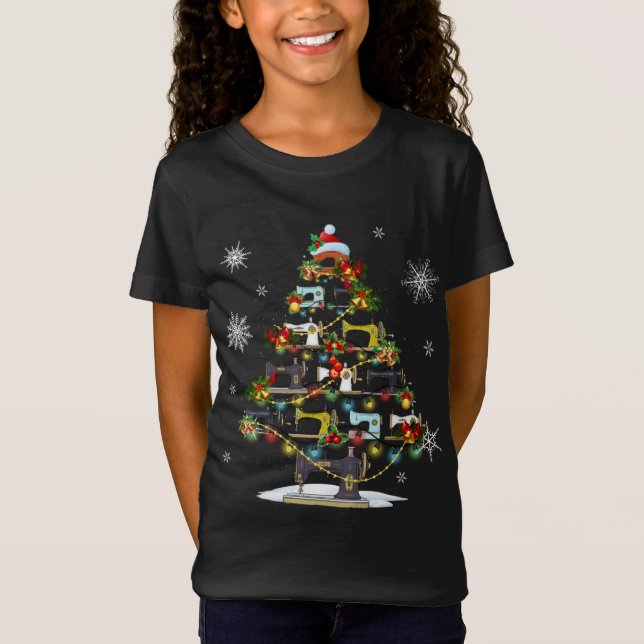 Sewing Machines Xmas Tree Lights Quilters Christma T-Shirt (Front)