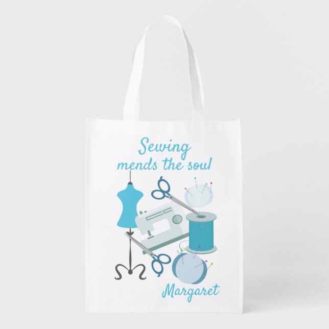 Sewing Mends the Soul Stylish Blue Quote Grocery Bag (Front)