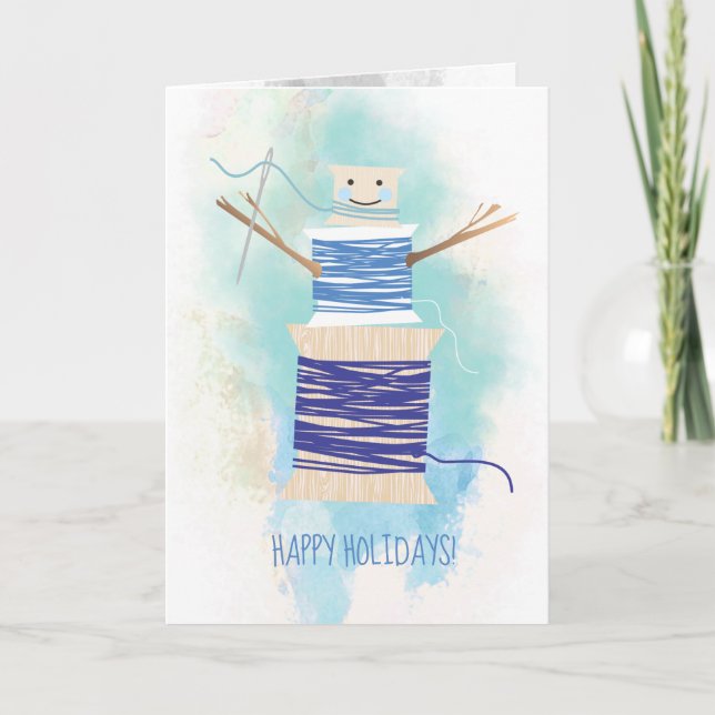 Sewing needle thread spools snowman Christmas card (Front)