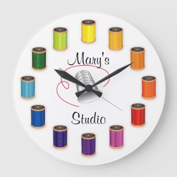 Sewing Needle  Thread  Thimble  Customize The Text Large Clock by pomegranate_gallery at Zazzle