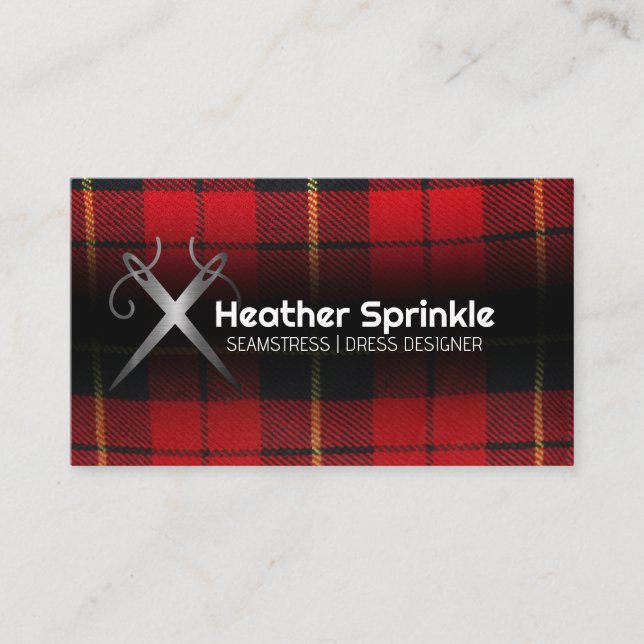 Sewing Needles Logo | Plaid Fabric Business Card (Front)
