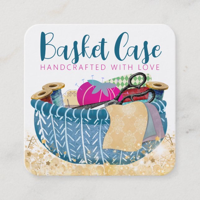 Sewing notions basket seamstress fabric crafts squ square business card (Front)