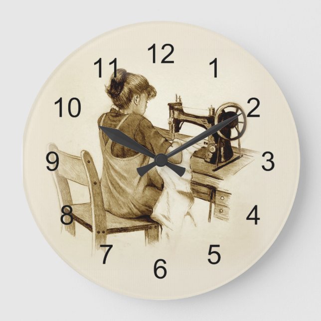 Sewing on Old Fashioned Sewing Machine: Pencil Art Large Clock (Front)