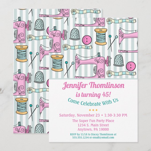 Sewing Party Birthday Invitation Pink (Front/Back)