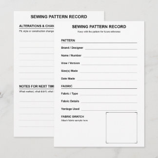 Sewing Pattern Record Fabric Swatch and Alteration Note Card