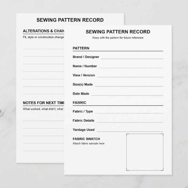 Sewing Pattern Record Fabric Swatch and Alteration Note Card (Front/Back)