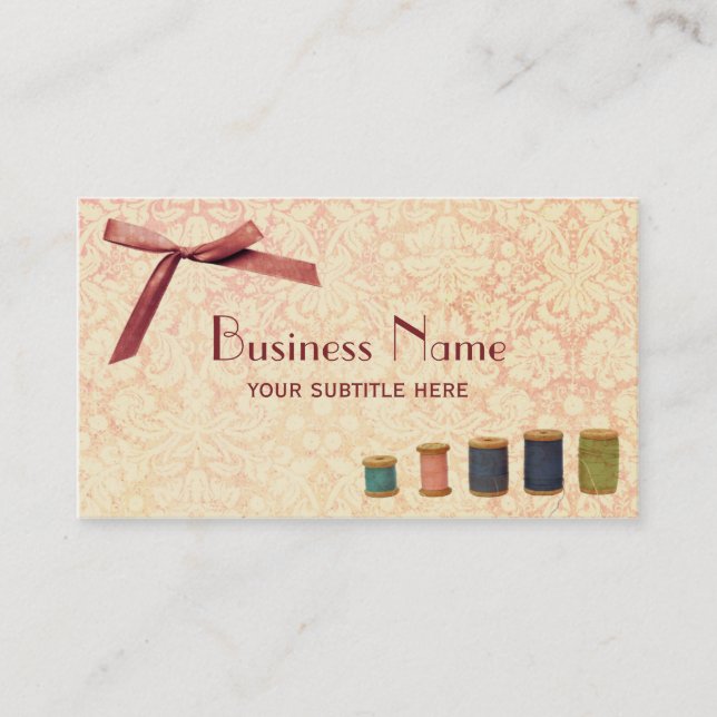 Sewing Pink Bow Damask Vintage Business Card (Front)
