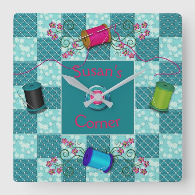 SEWING/QUILT CLOCK - PERSONALIZE WITH NAME in Pink (Front)