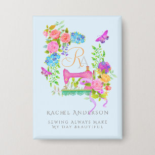 Sewing Ribbon Floral Monogram Blue Button