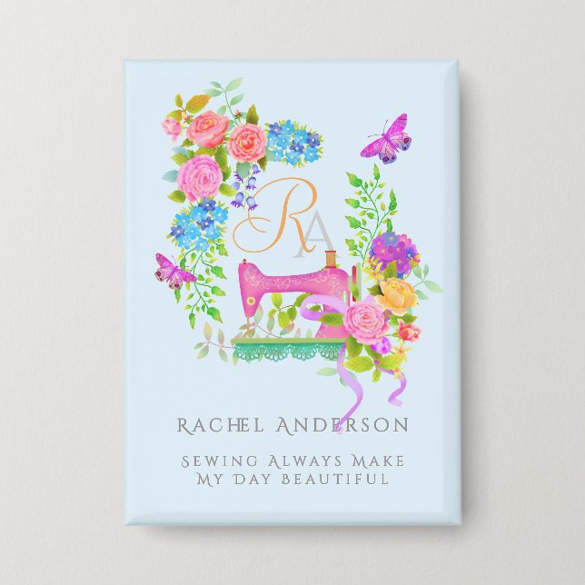 Sewing Ribbon Floral Monogram Blue Button (Front)