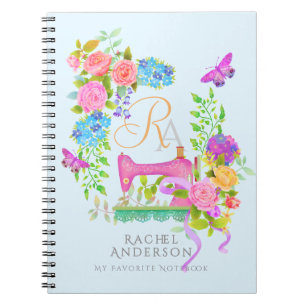 Sewing Ribbon Floral Monogram Blue Notebook