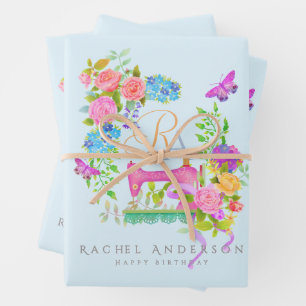 Sewing Ribbon Floral Monogram Blue Wrapping Paper Sheets