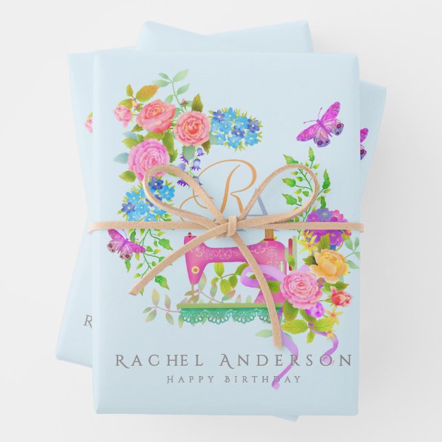Sewing Ribbon Floral Monogram Blue Wrapping Paper Sheets (In situ)