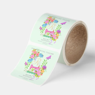 Sewing Ribbon Floral Monogram Green Square Sticker