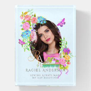 Sewing Ribbon Floral Monogram Photo Blue Paperweight
