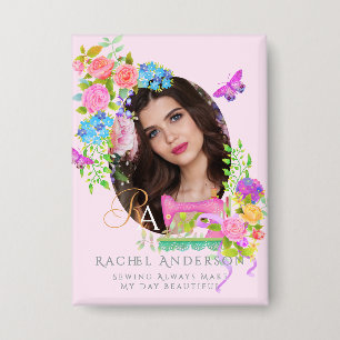 Sewing Ribbon Floral Monogram Photo Pink Button