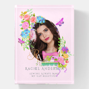 Sewing Ribbon Floral Monogram Photo Pink Paperweight