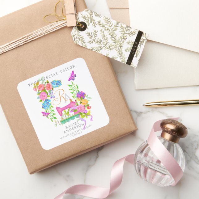 Sewing Ribbon Floral Monogram White Square Sticker (Gift)