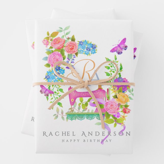 Sewing Ribbon Floral Monogram White Wrapping Paper Sheets (In situ)