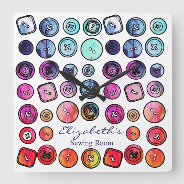 Sewing Room Button Square Wall Clock (Front)