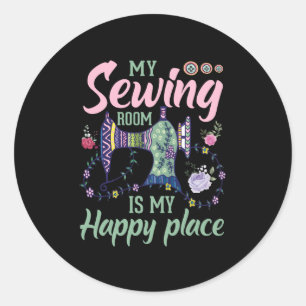 sewing room happy place word art classic round sticker