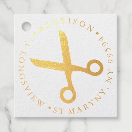 sewing scissors ROUND RETURN ADDRESS Rubber Stamp Foil Favor Tags