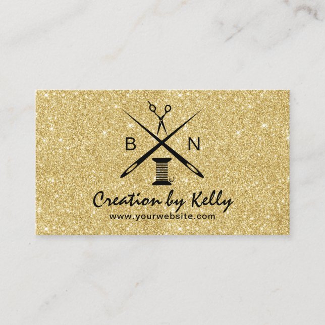 Sewing Seamstress Dressmaker Gold Glitter Business Card (Front)