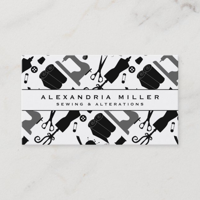 Sewing Seamstress Pattern | Black White & Gray Business Card (Front)