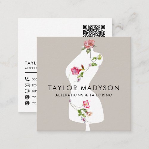 Sewing Seamstress Tailor Mannequin Flowers QR code Square Business Card