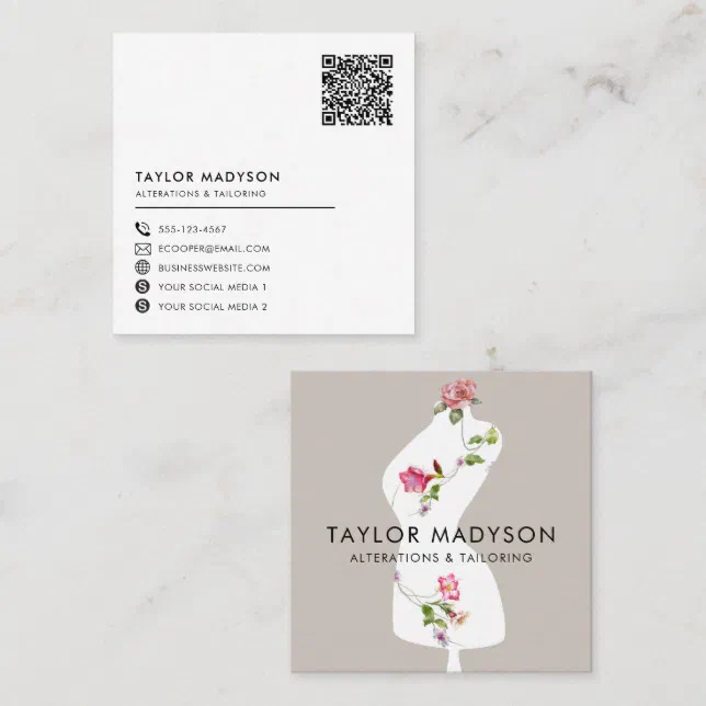 Sewing Seamstress Tailor Mannequin Flowers Qr Code Square Business Card 