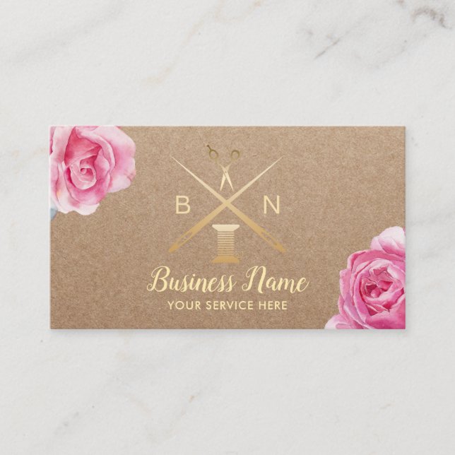 Sewing Seamstress Thread & Needles Rustic Floral Business Card (Front)