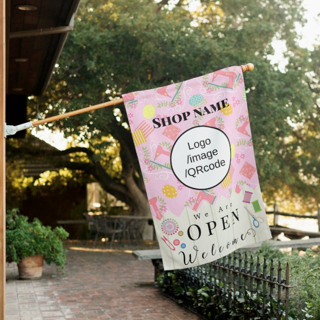 Sewing Shop Business Pink House Flag (In SItu)