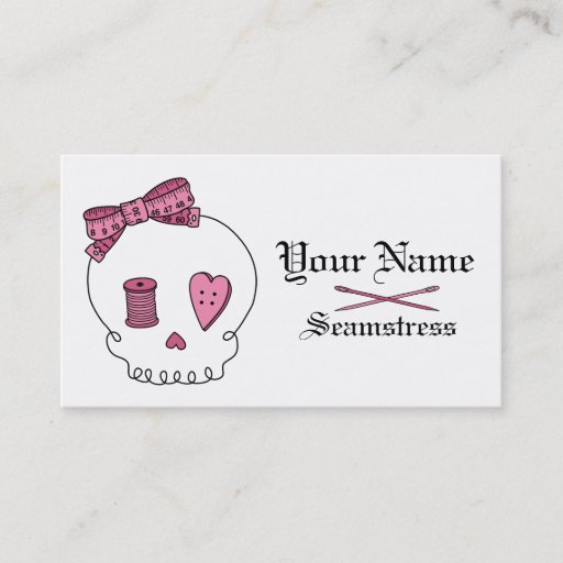Customizable Sewing Skull (Pink) Business Card Templates