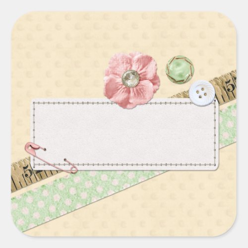 Sewing Stitches Buttons  Ribbon Shabby Chic Pink Square Sticker