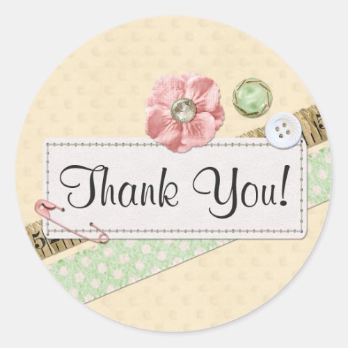 Sewing Stitches Buttons  Ribbon Shabby Thank You Classic Round Sticker
