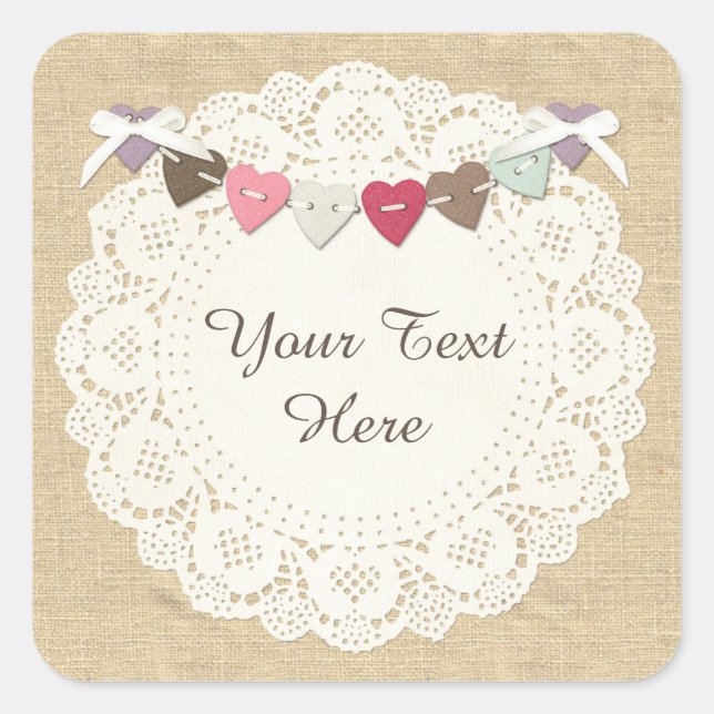 Sewing Stitches on Rustic Country Burlap & Hearts Square Sticker (Front)