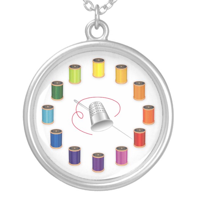 Sewing, Thimble, Needle and Thread Silver Plated Necklace (Front)