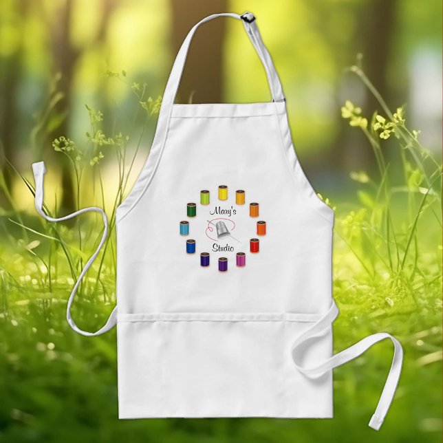 Sewing Thimble, Needle and Threads Adult Apron (Silver thimble, needle and vivid color wheel of threads design for artists who love to sew! )